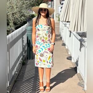 Vintage Made in USA Nicole Miller multi color strapless dress‎ silk
 linen blend